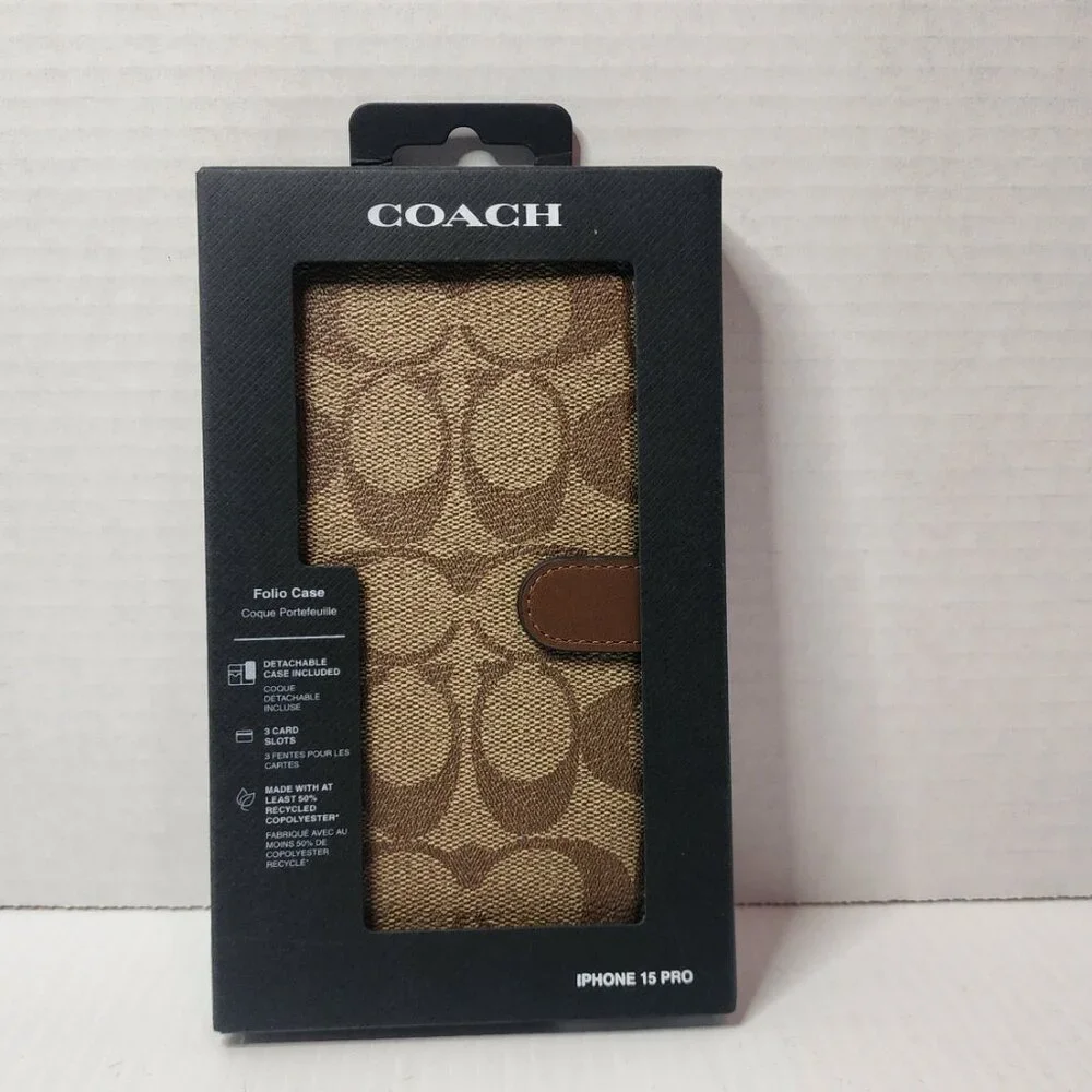 Two Coach iPhone 15 PRO Cases: Signature Folio + Slim Case Bundle Tan New ! - Picture 3 of 16